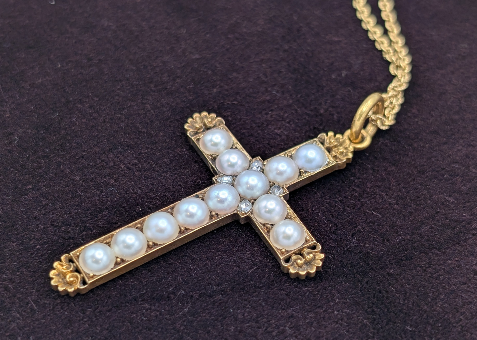 18k Yellow Gold Seed Pearl & Diamond Crucifix