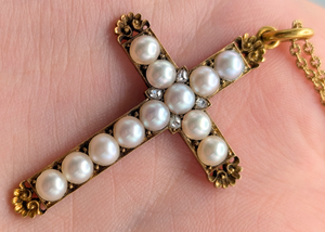 18k Yellow Gold Seed Pearl & Diamond Crucifix