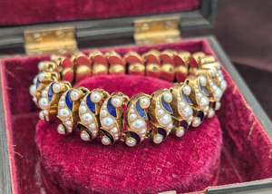 Antique Enamel and Seed Pearl Expandable Bracelet & Box - French Art Deco