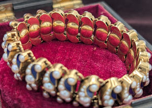 Antique Enamel and Seed Pearl Expandable Bracelet & Box - French Art Deco