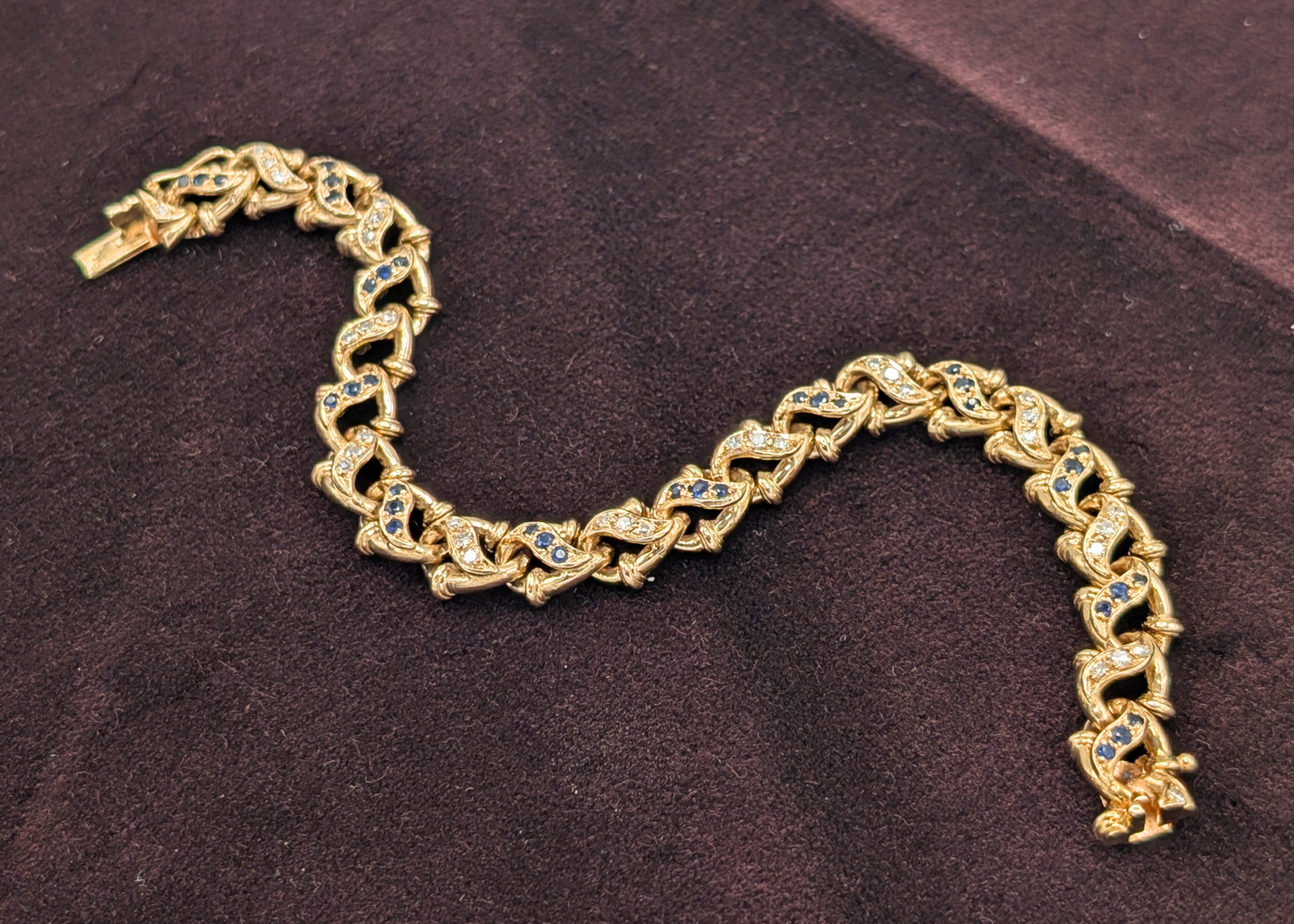 Ornate 14k Yellow Gold Sapphire & Diamond Fancy Link Bracelet