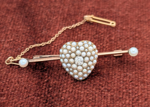 Victoria English Seed Pearl & Diamond Heart Pin (w/ original box)