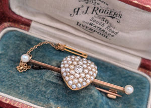 Victoria English Seed Pearl & Diamond Heart Pin (w/ original box)