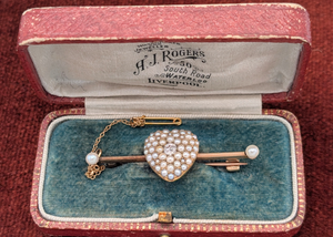 Victoria English Seed Pearl & Diamond Heart Pin (w/ original box)