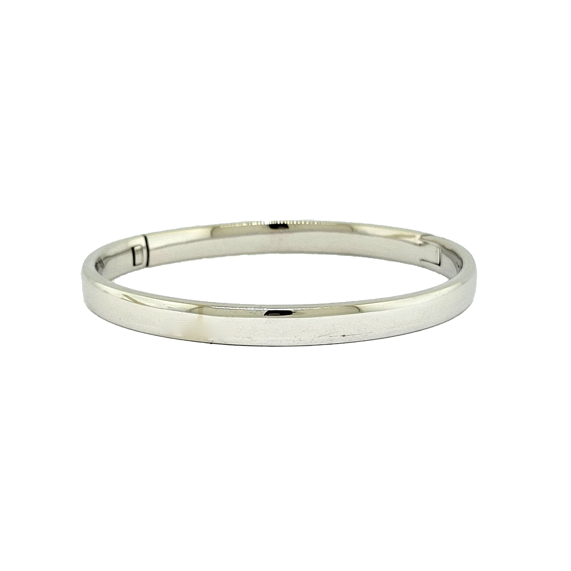 14K W/G Hinged Low Dome Bangle 6mm Wide with a Tension Clasp