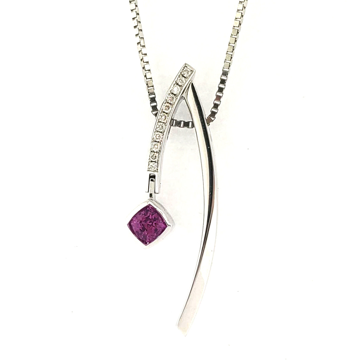 14K White Gold Asymmetrical Pink Sapphire and Diamond Pendant