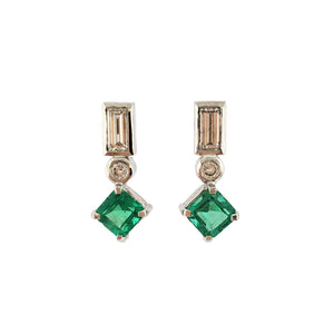 14K White Gold Geometric Emerald and Diamond Earrings