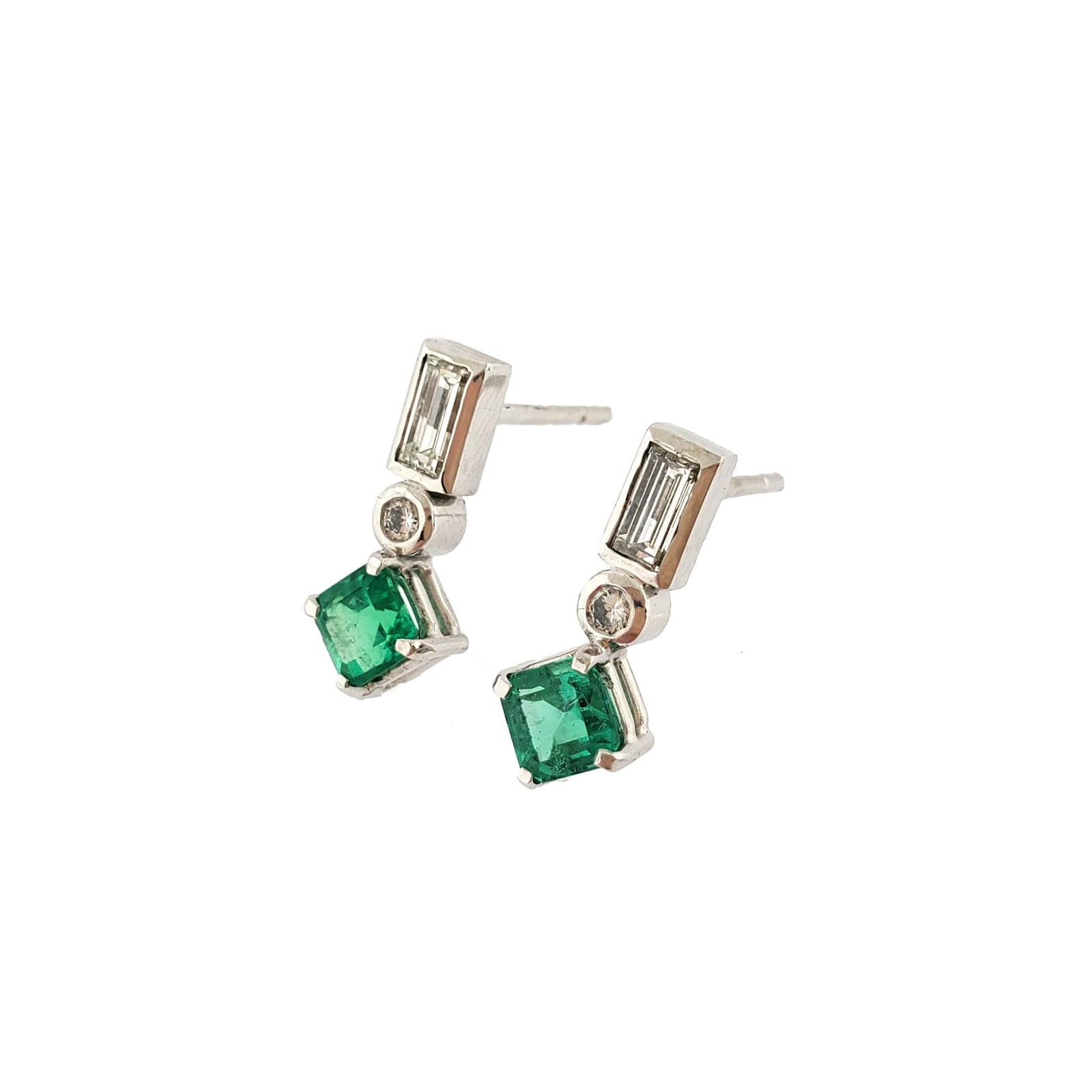 14K White Gold Geometric Emerald and Diamond Earrings