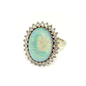 18K W/G Halo Style Opal and Diamond Cathedral Set Ring