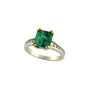 14K W/Y Emerald and Diamond Ring with Double Claw Detail