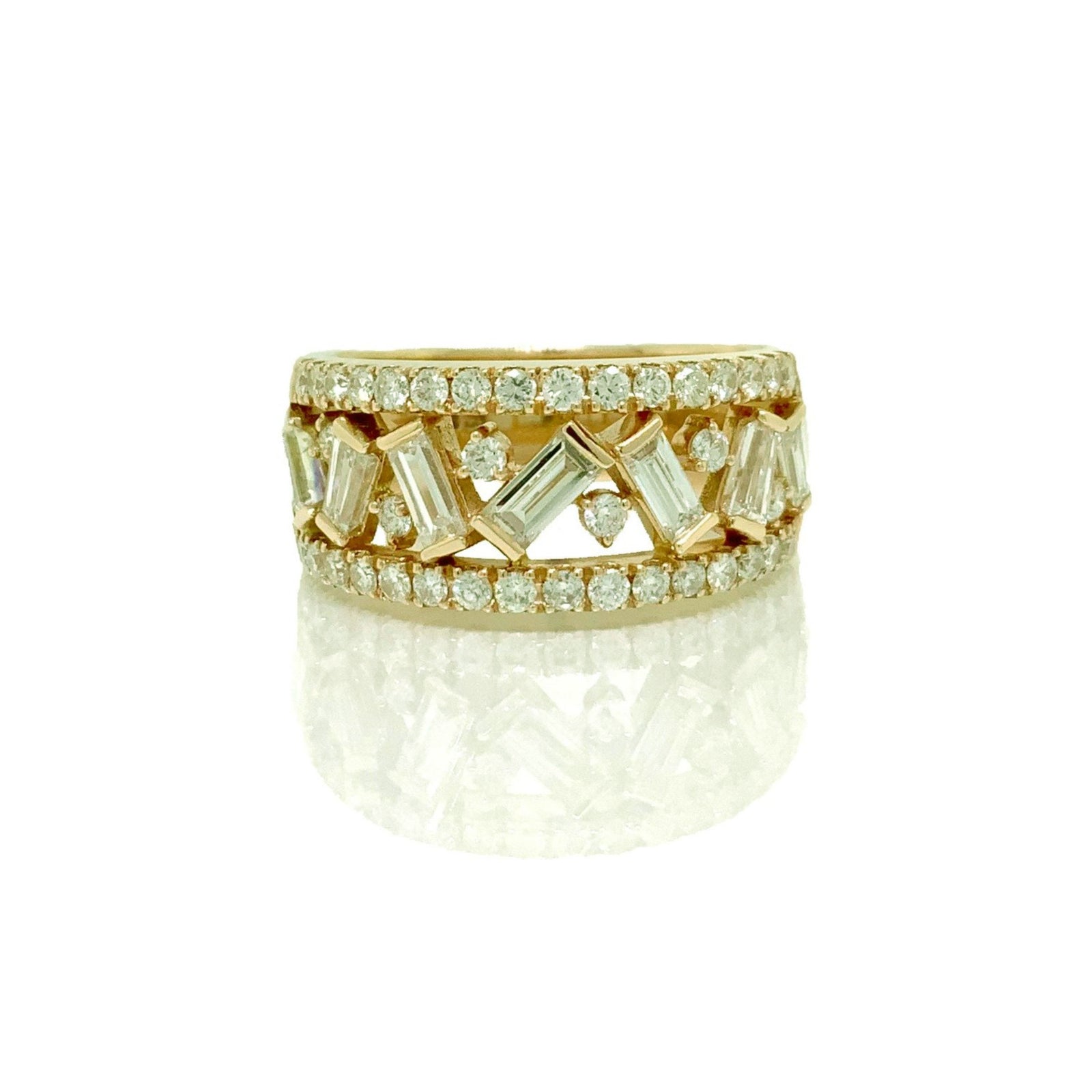 14K Yellow Gold Whimsical Baguette Diamond Wide Band