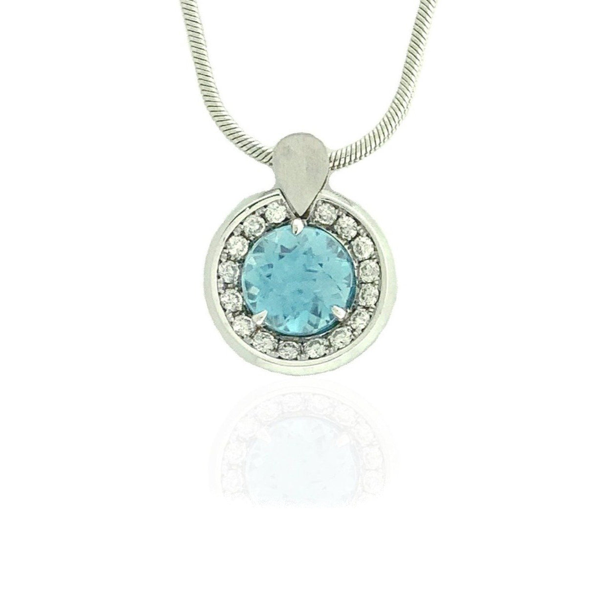 14K White Gold Blue Zircon and Diamond Halo Pendant