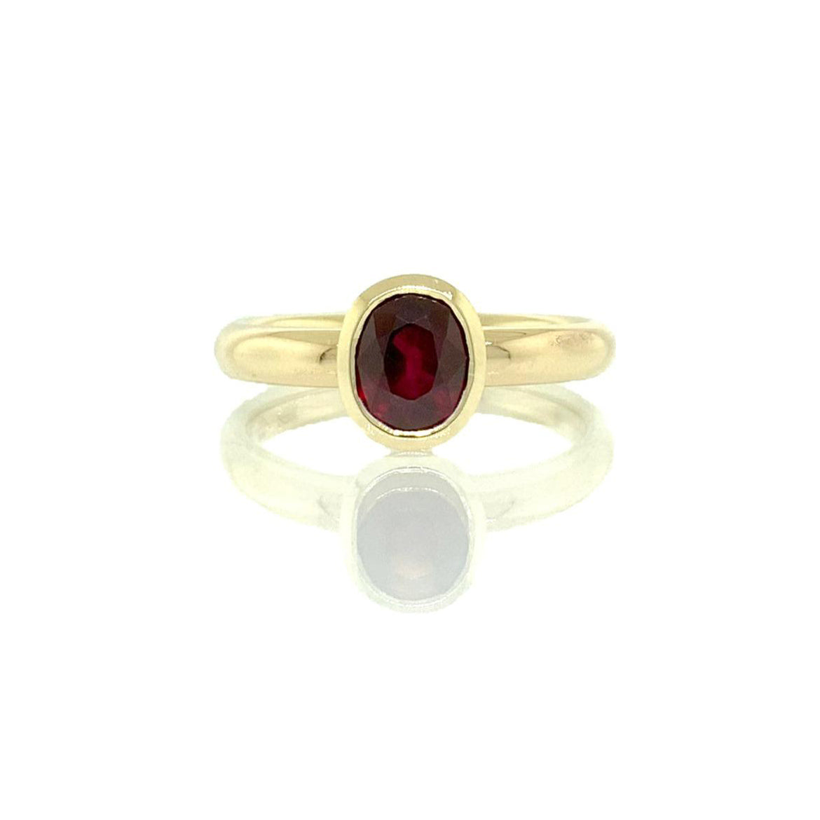 14K Yellow Gold Hand Made Bezel Set Ruby Ring With Domed Shank