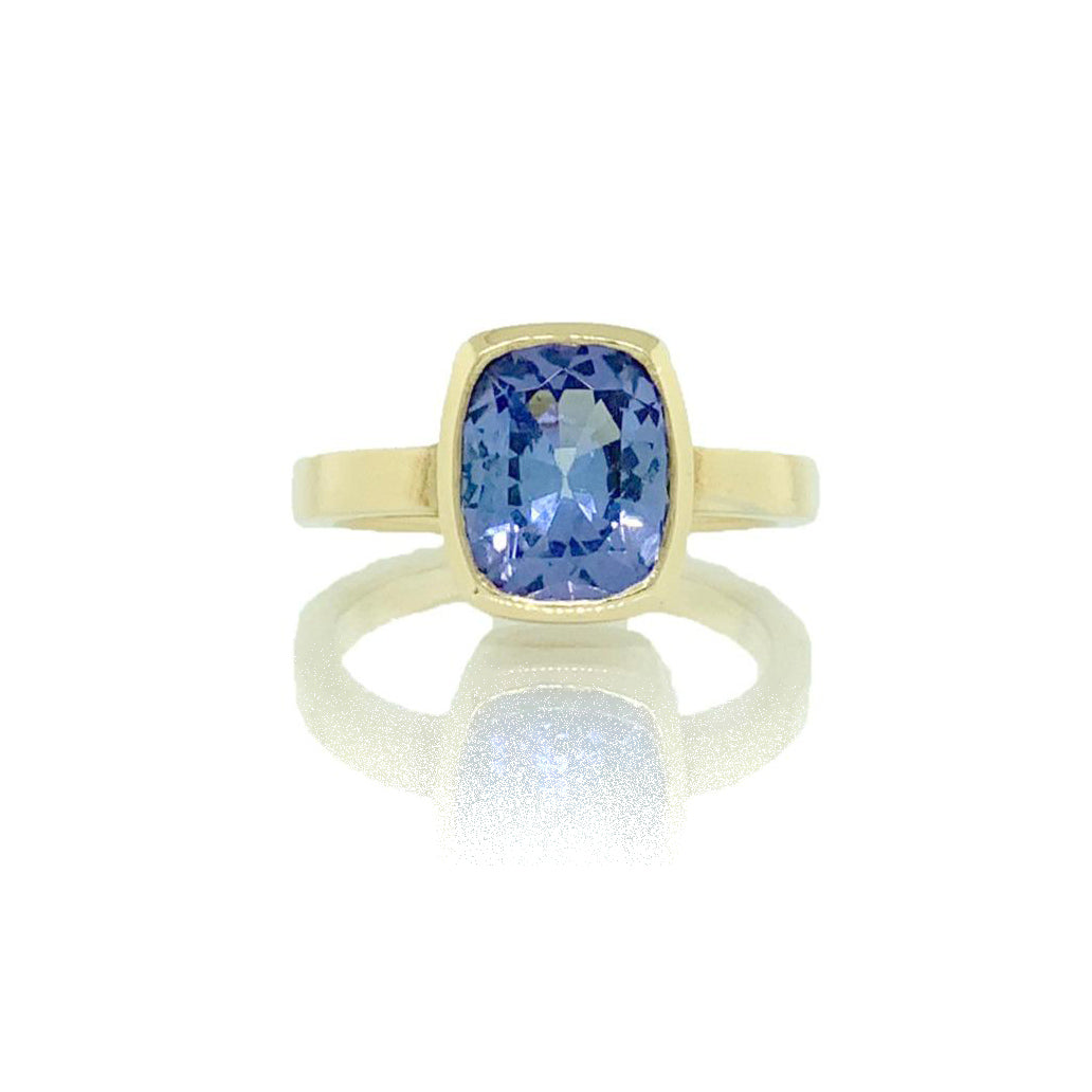 14K Yellow Gold Rectangular Cushion Cut Tanzanite Bezel Set Ring