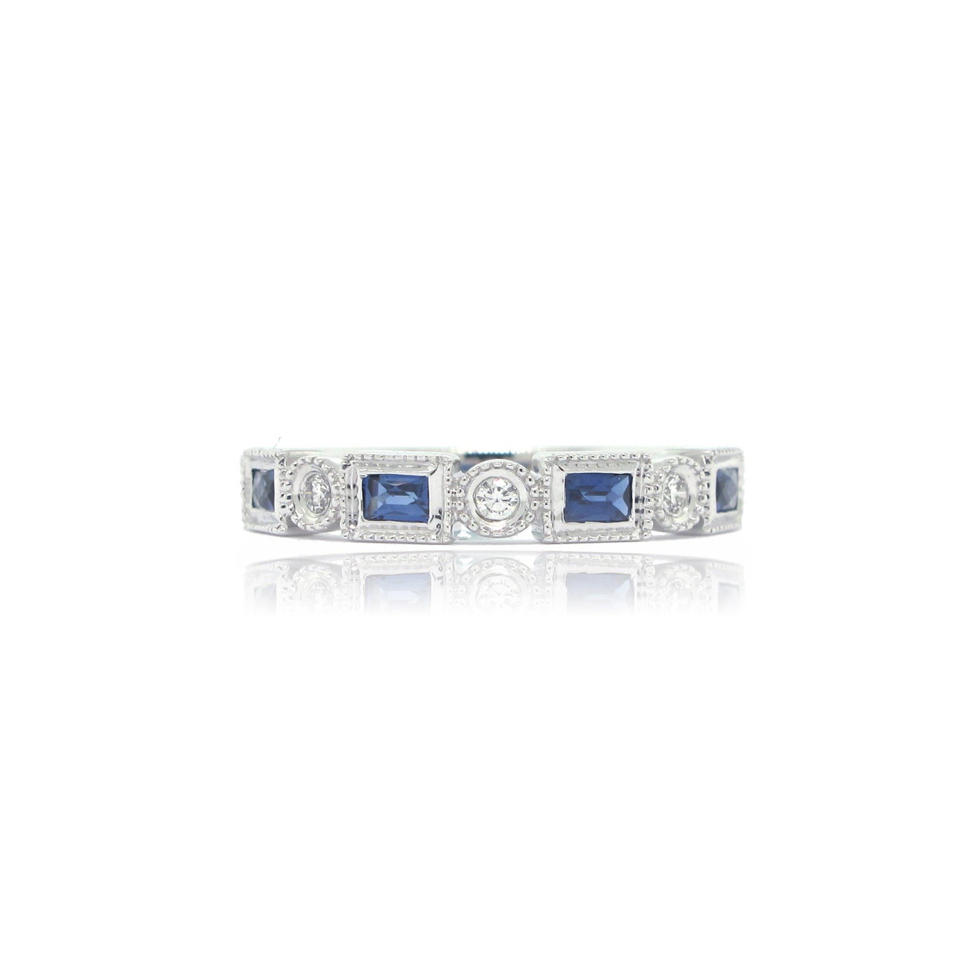 18K W/G Alternating Round Diamond and Baguette Sapphire Ring