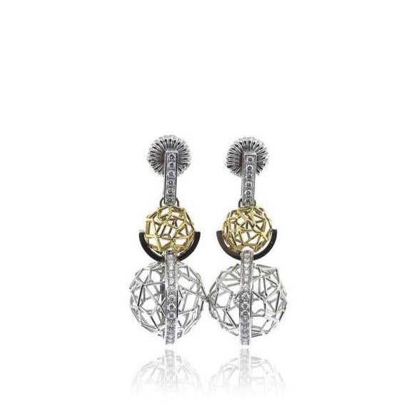 14K White and Yellow Gold Double Ball Diamond Earrings