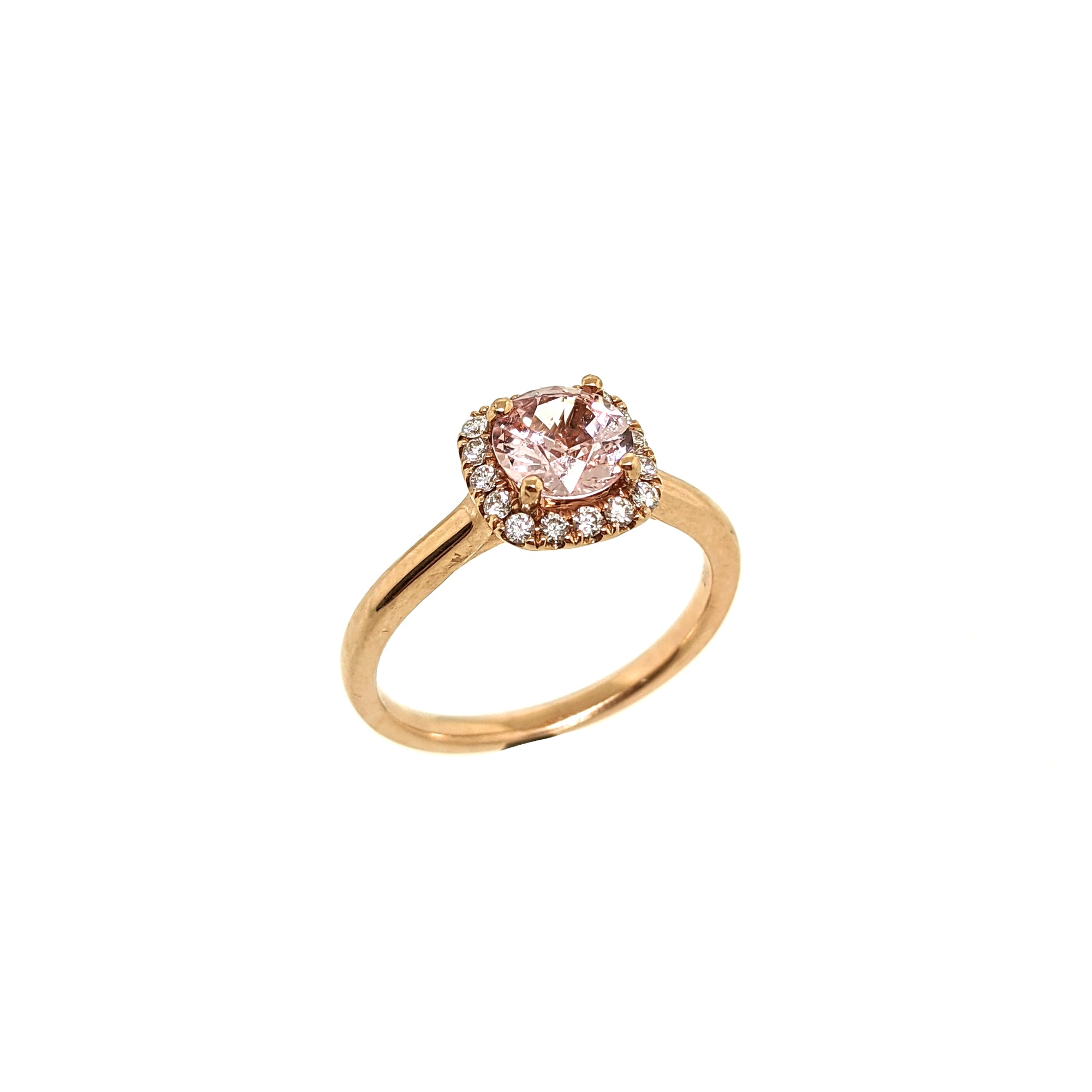 14K Rose Gold Peach Sapphire Halo Style Cathedral Set Ring
