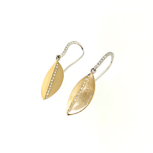 14K Yellow and White Gold Diamond Leaf Dangle Earrings