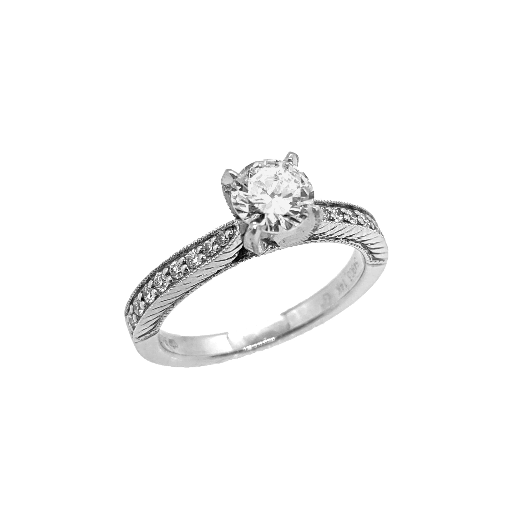 14K W/G Diamond Ring with Milgrain and Engraved Details