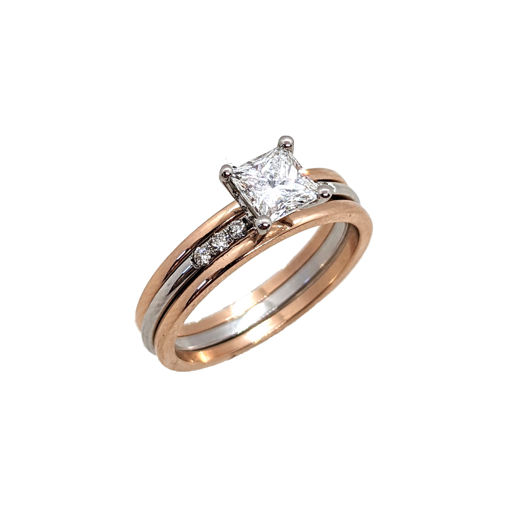 14K W/G Princess Cut Diamond Ring with Two R/G Bands
