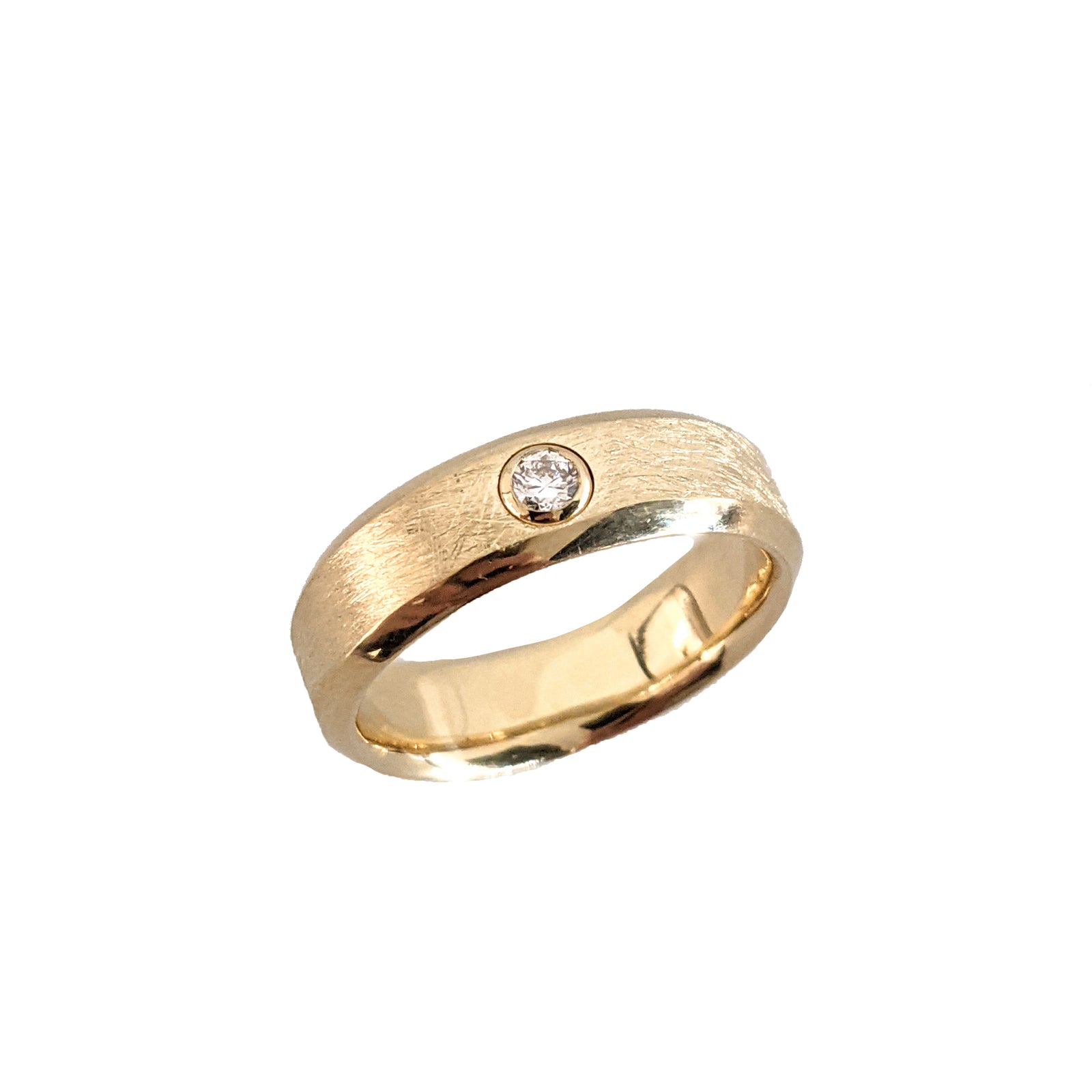18K Brushed Wedding Band with Single Gypsy Set Diamond