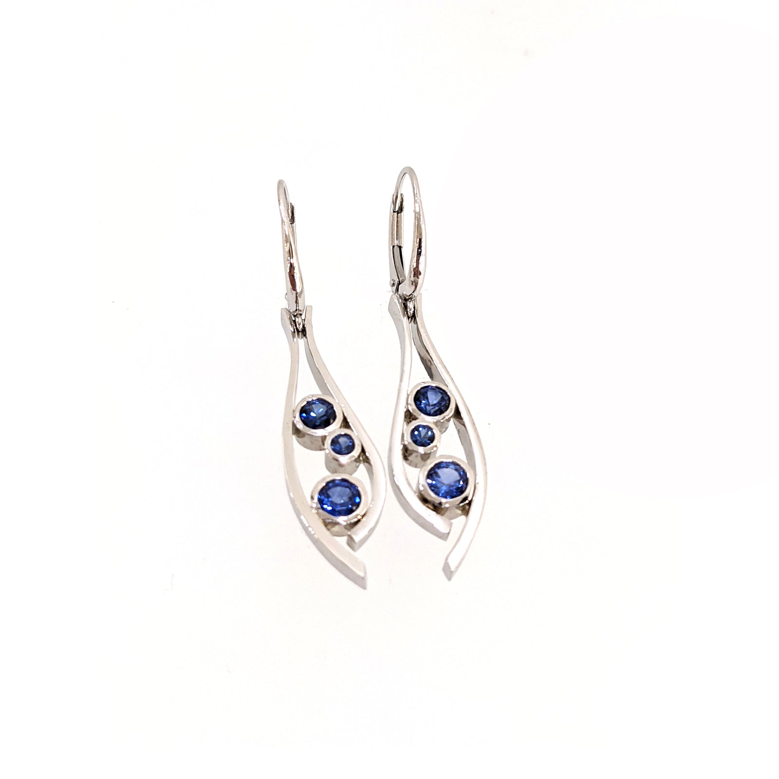 14K White Gold Hand Made Mini-Drop Sapphire Earrings