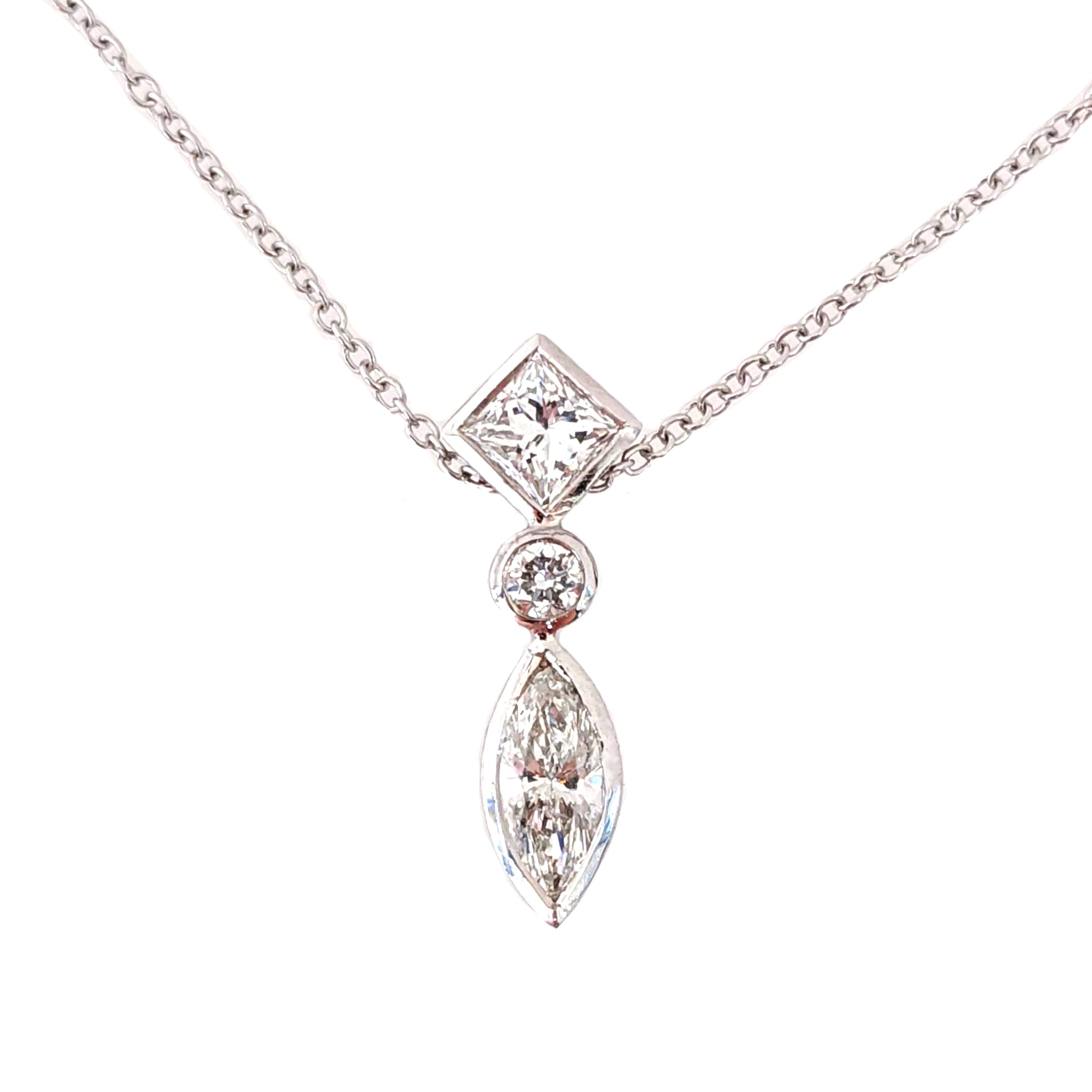 14K White Gold Diamond Pendant with Princess, Round & Marquise Shapes