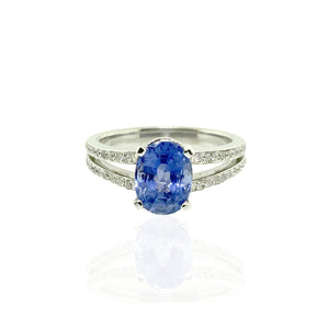 14k White Gold Blue Sapphire and Diamond Ring With Split Shank