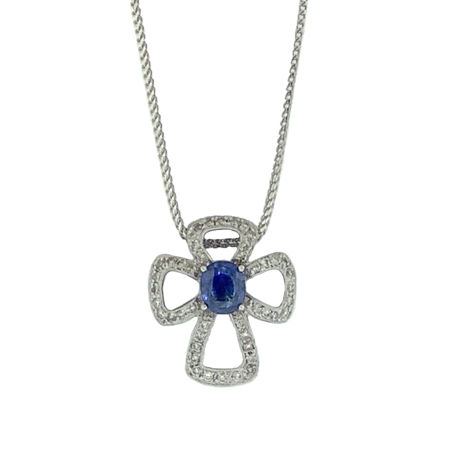 14K White Gold Open Cross Sapphire and Diamond Pendant